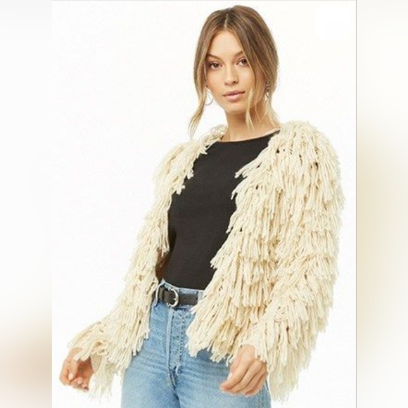 Forever 21 Cream Shaggy Fringe Boho Open Front Cardigan Jacket, Size S - Picture 1 of 8